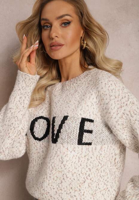 Jasnobeżowy Sweter z Ozdobnym Napisem Wykończony Ściągaczami Minisoji