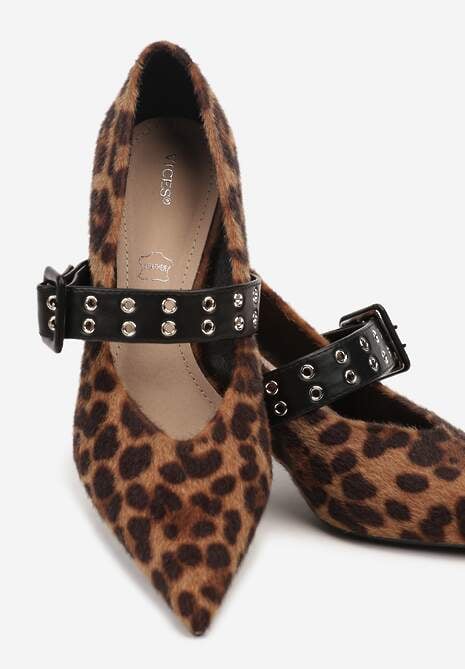 Panterkowe Czółenka Vices na Szpilce z Wkładką ze Skóry Naturalnej z Klamrą Nalisette