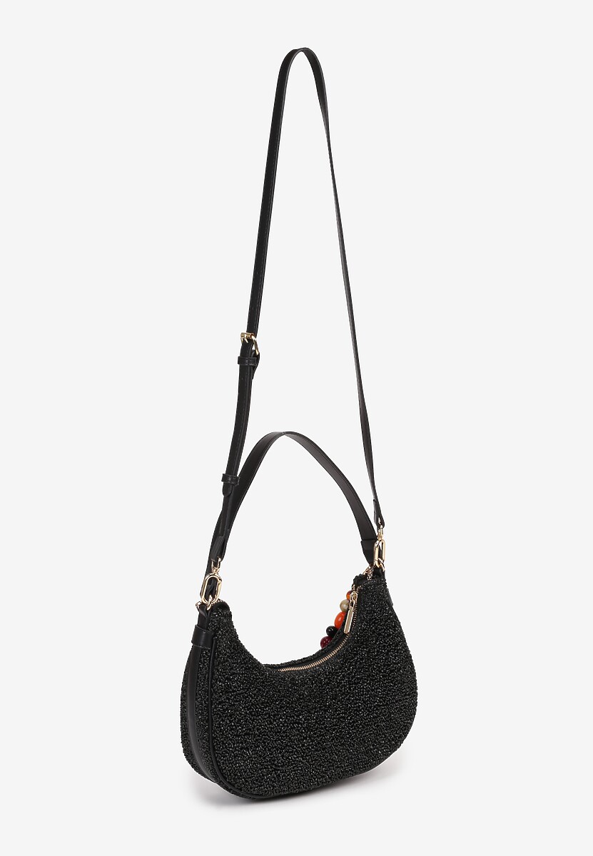Czarna Torebka Bagietka Ozdobiona Koralikami Baleris