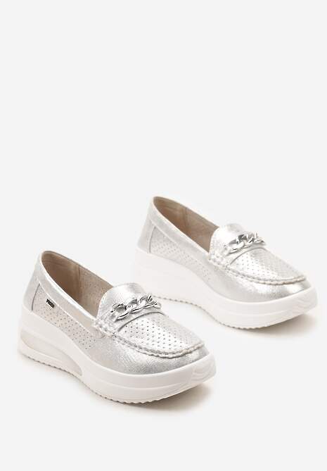 Srebrne Mokasyny na Platformie z Łańcuszkiem Himenna