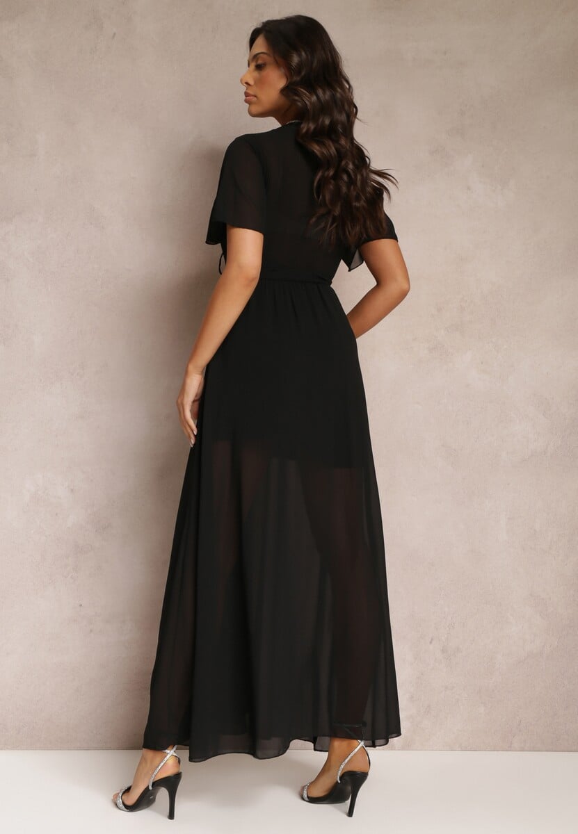 Czarna Plisowana Sukienka z Kopertowym Dekoltem i Gumką w Talii Dimitris