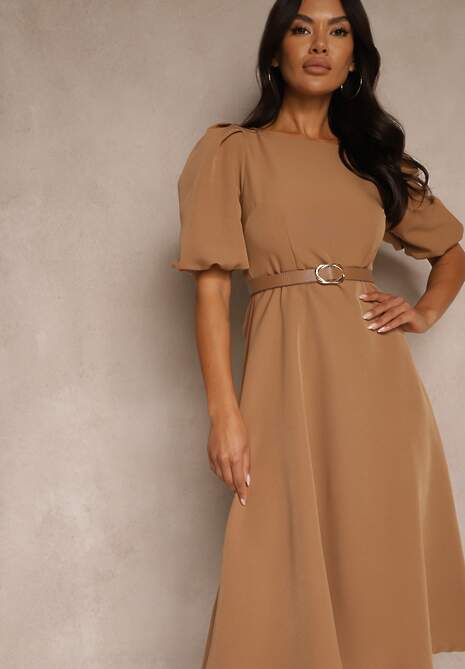 Jasnobrązowa Rozkloszowana Sukienka Ozdobiona Bufiastymi Rękawami Melianis