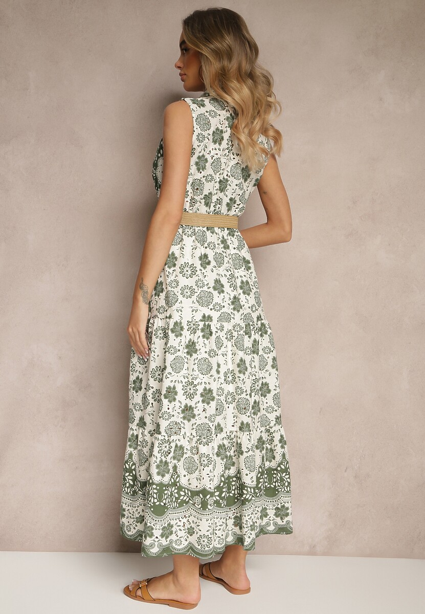 Zielona Koszulowa Sukienka Bez Rękawów z Bawełny z Paskiem z Klamrą Mirasitia