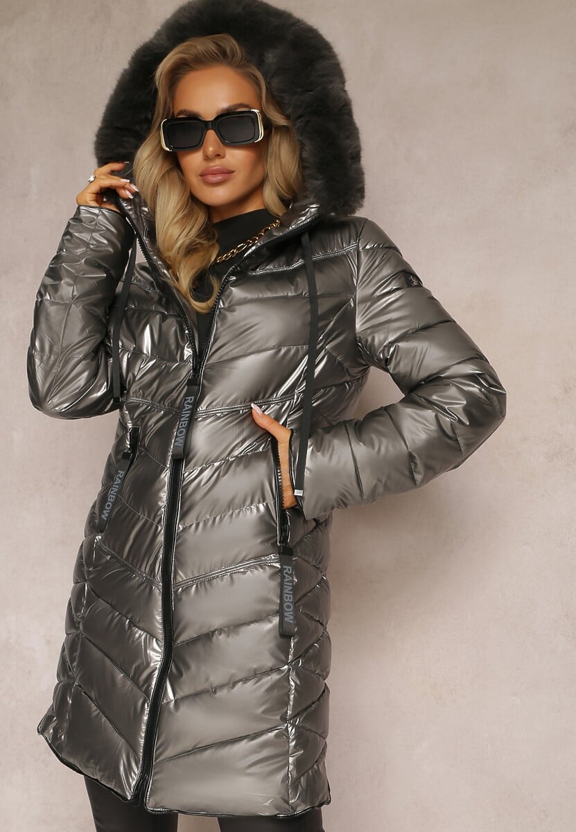 Granatowa Ocieplona Kurtka Pikowana z Kapturem i Futrzanym Kołnierzem Varella