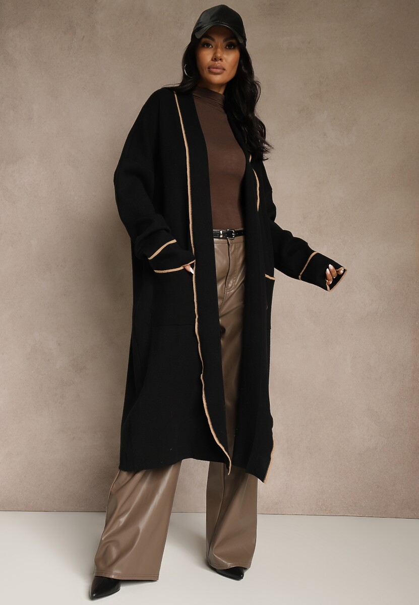 Czarny Niezapinany Kardigan o Długim Kroju z Lamówką Venisse