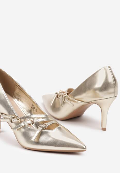 Złote Czółenka na Szpilce Ozdobione Paskami Relabina