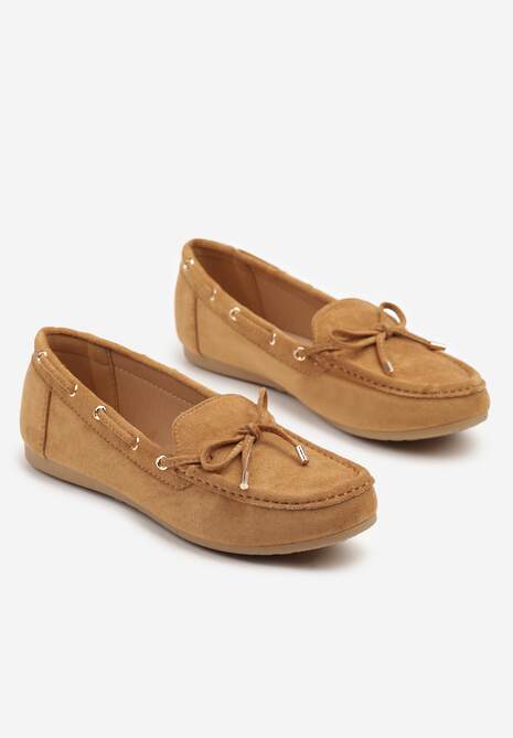 Brązowe Mokasyny z Ekozamszu Zdobione Wiązaniem z Kokardą Sonilora