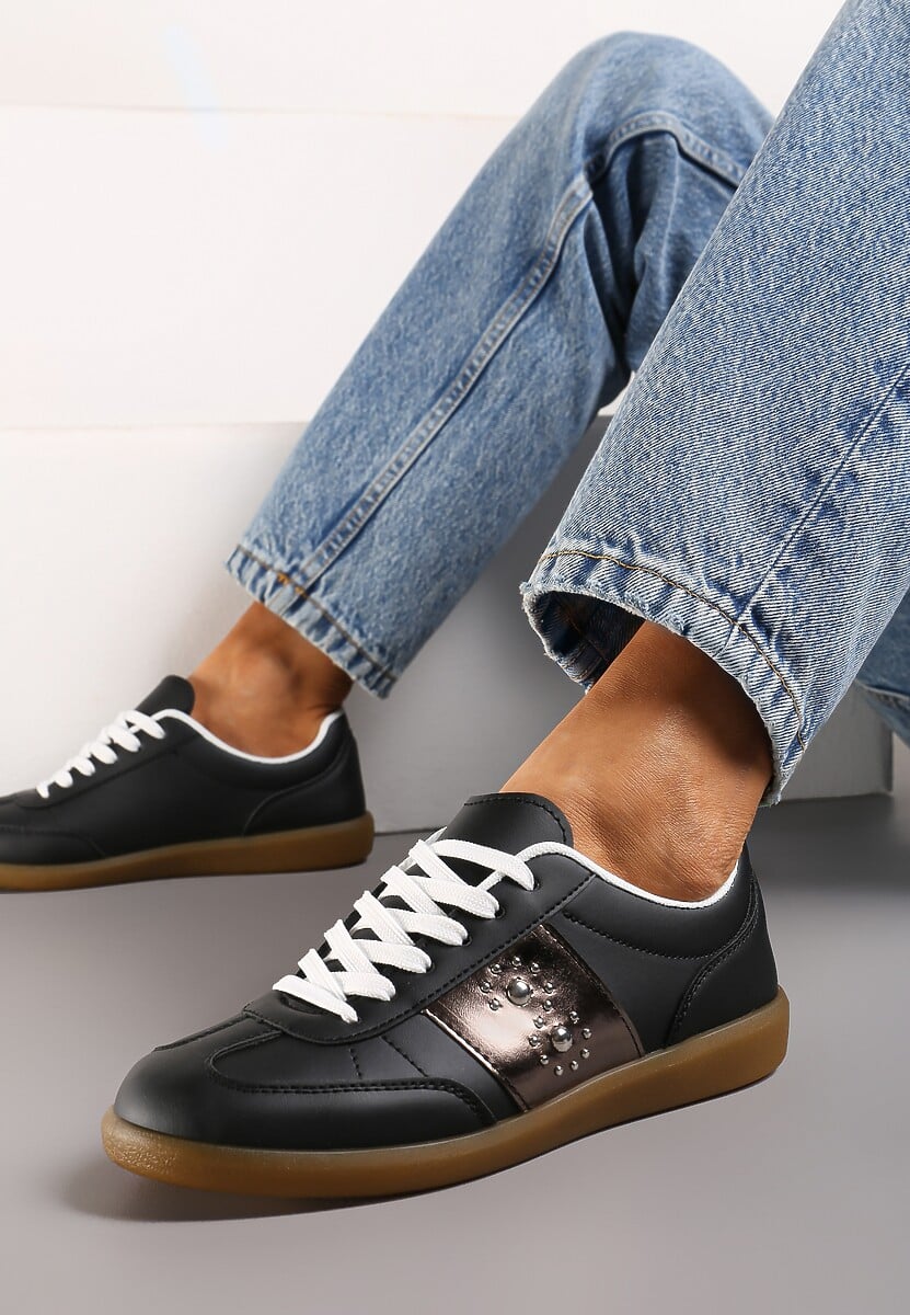 Biało-Złote Sneakersy na Płaskiej Podeszwie z Wiązaniem i Ozdobną Wstawką Drukesti