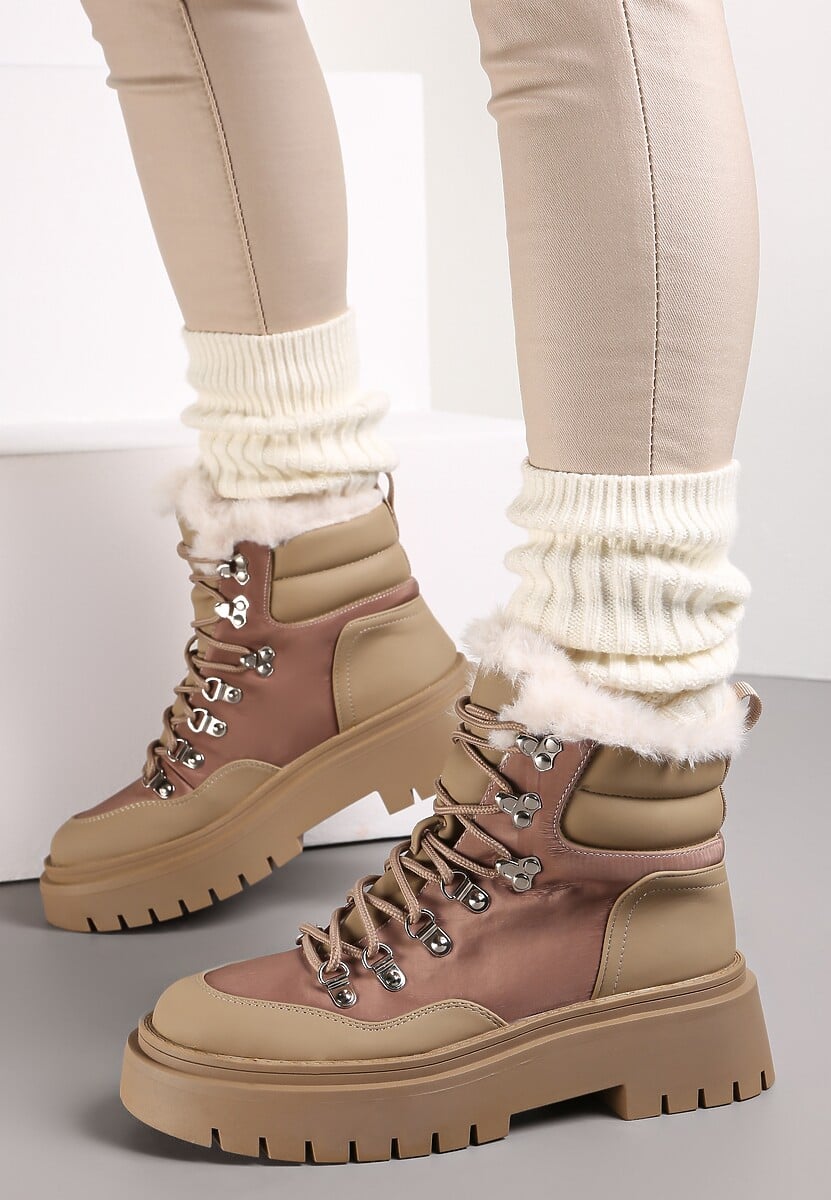 Ciemnobeżowe Traperki Sznurowane z Futerkiem Henna