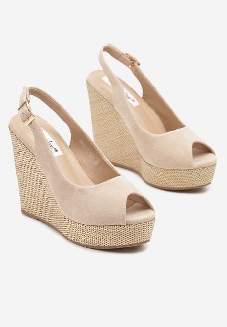 Beżowe Sandały Slingback z Imitacji Zamszu na Koturnie Daldiva