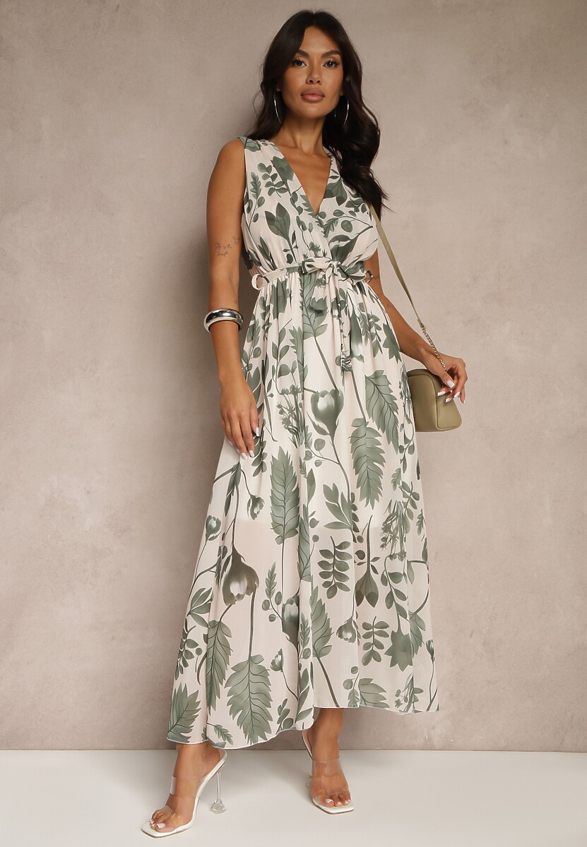 Różowa Sukienka z Wiskozą z Kopertowym Dekoltem i Wiązanym Paskiem Natisolve