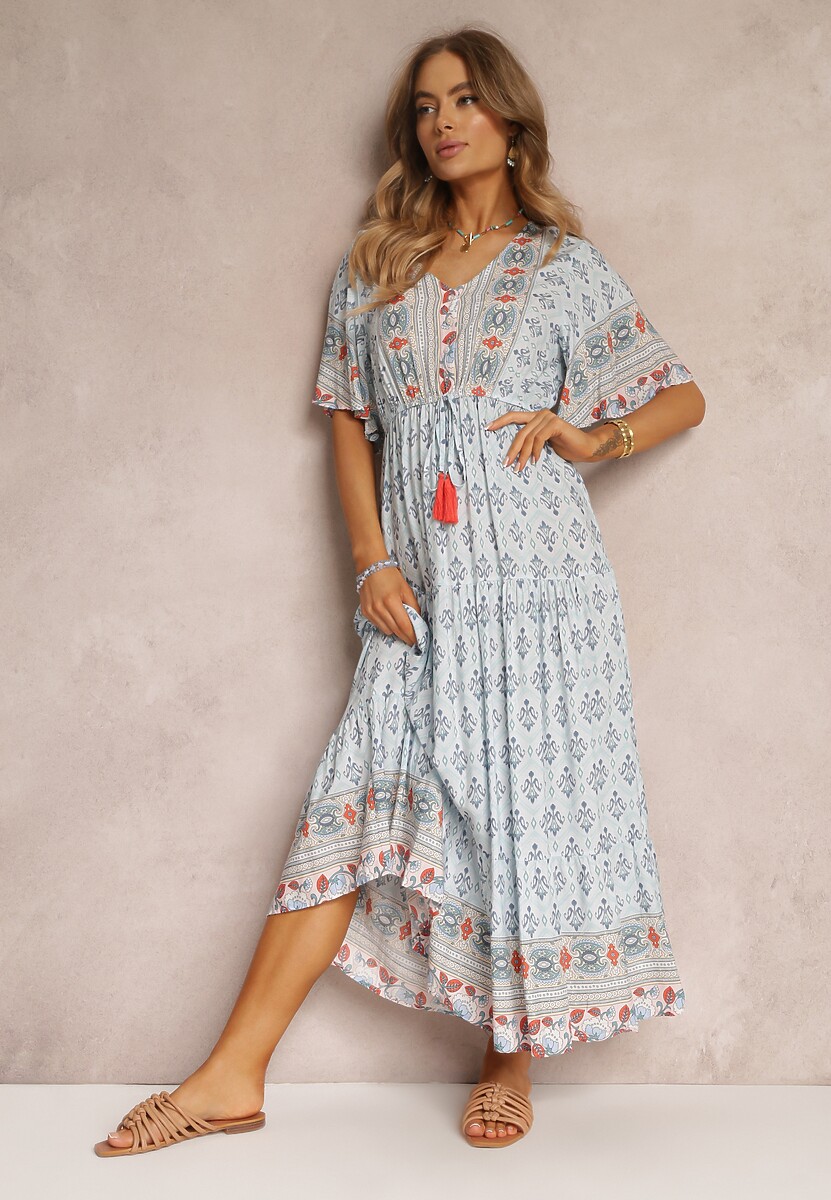 Jasnoniebieska Sukienka Maxi z Krótkim Rękawem i Gumką w Talii Emaya