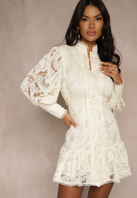 Beżowa Sukienka Koronkowa z Falbanką Hermamna