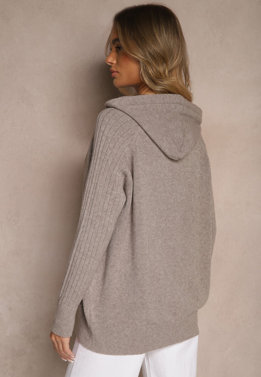 Ciemnobrązowy  Sweter z Wiskozą i Kaszmirem oraz z Kapturem Nerolin