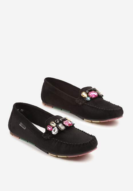 Czarne Mokasyny z Wkładką ze Skóry Naturalnej i Cyrkoniami Zimora