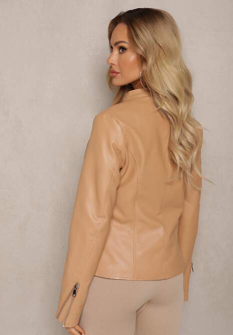 Beżowa Kurtka Ramoneska z Ekoskóry Klaia