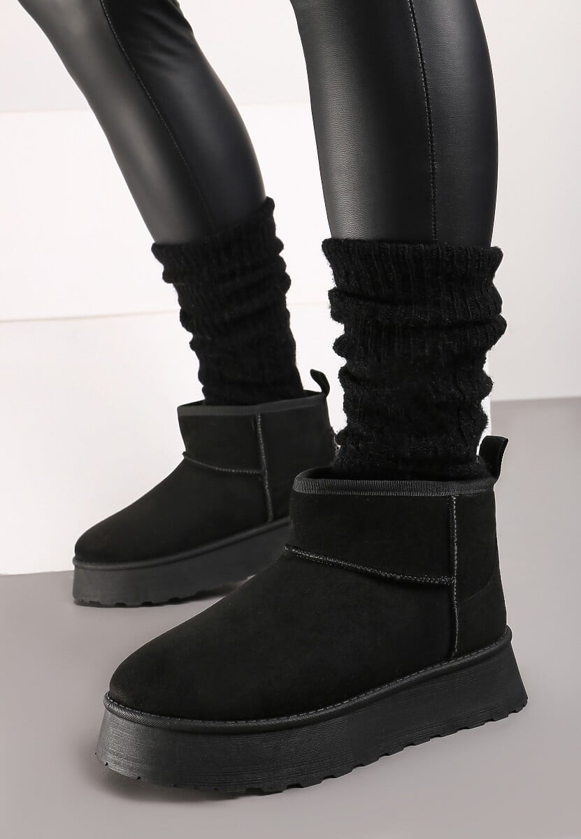 Czarne Casualowe Śniegowce na Grubej Podeszwie o Krótkim Fasonie Lobaria