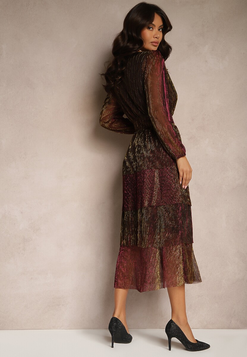 Bordowa Sukienka Błyszcząca z Falbanami i Transparentnym Rękawem Halose