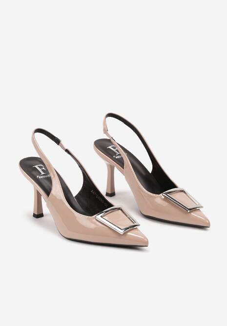 Beżowe Szpilki z Odkrytą Piętą i Ozdobną Aplikacją Apila