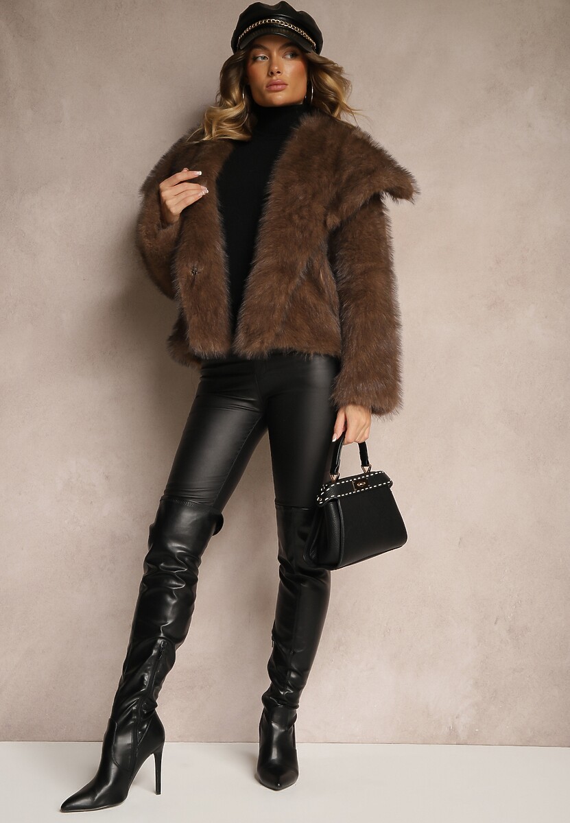 Brązowa Elegancka Kurtka Futerko z Kołnierzem Vertirida