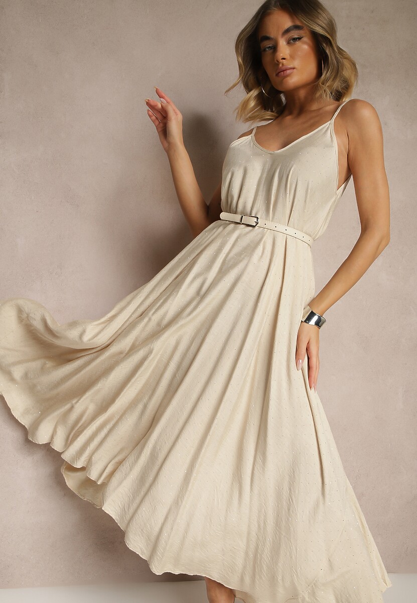 Niebieska Wiskozowa Sukienka o Rozkloszowanym Kroju Ozdobiona Cyrkoniami Tosnaria