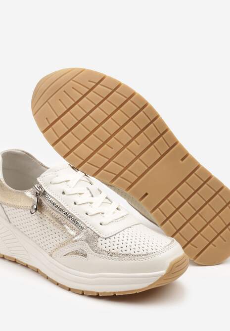 Beżowe Skórzane Sneakersy z Ozdobną Perforacją i Suwakiem Amiriella