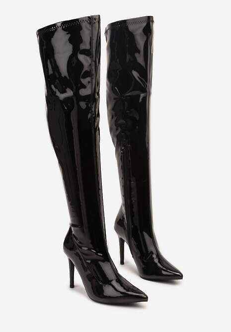 Czarne Lakierowane Kozaki Vices na Szpilce z Marszczoną Cholewką Calavelie