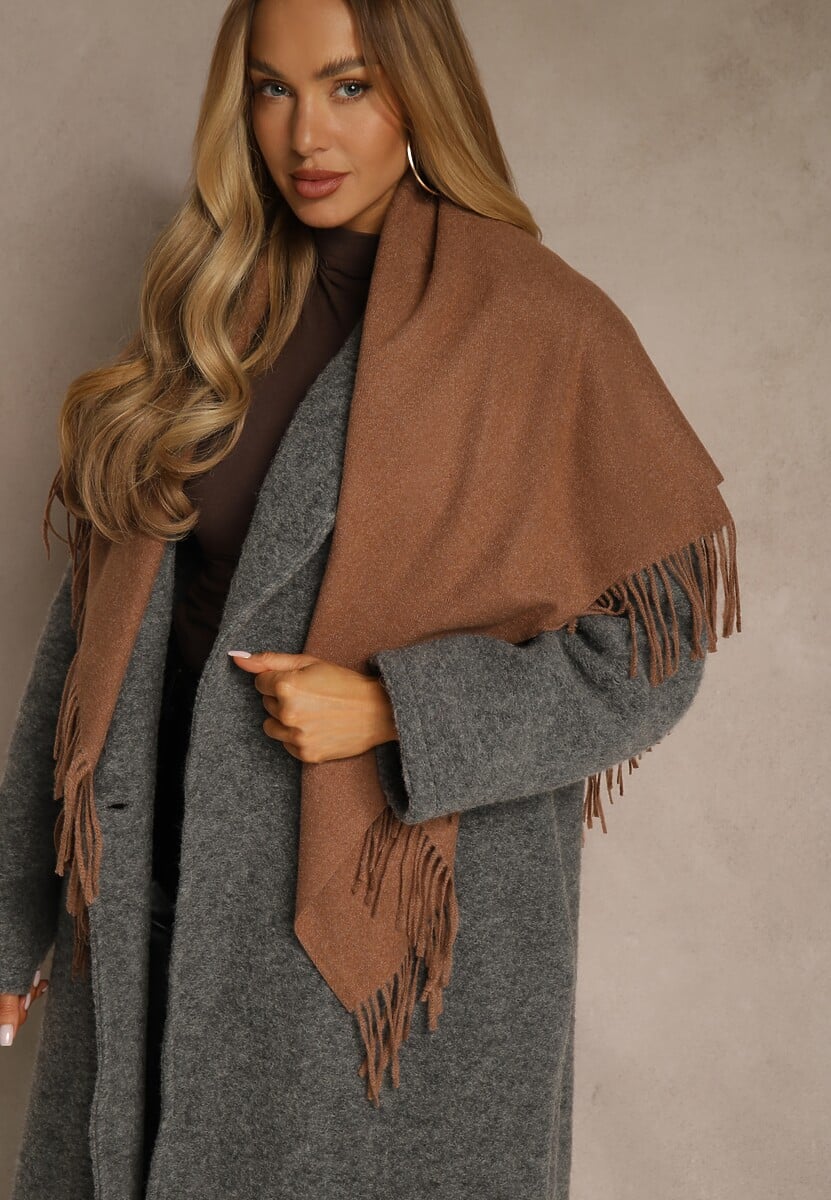 Jasnobrązowy Bawełniano-Wiskozowy Szalik w Kształcie Trójkąta z Frędzlami Vetisara