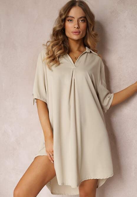 Jasnobeżowa Pudełkowa Sukienka Oversize z Kołnierzykiem Zaya