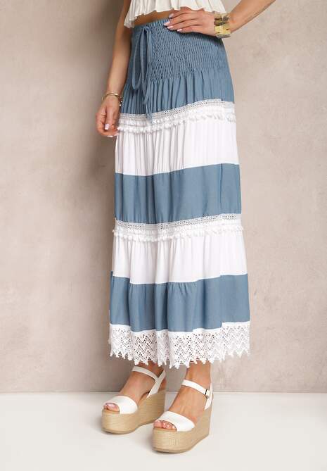 Niebiesko-Biała Spódnica z Bawełny w Stylu Boho z Gumką i Sznurkiem w Talii Uvinia