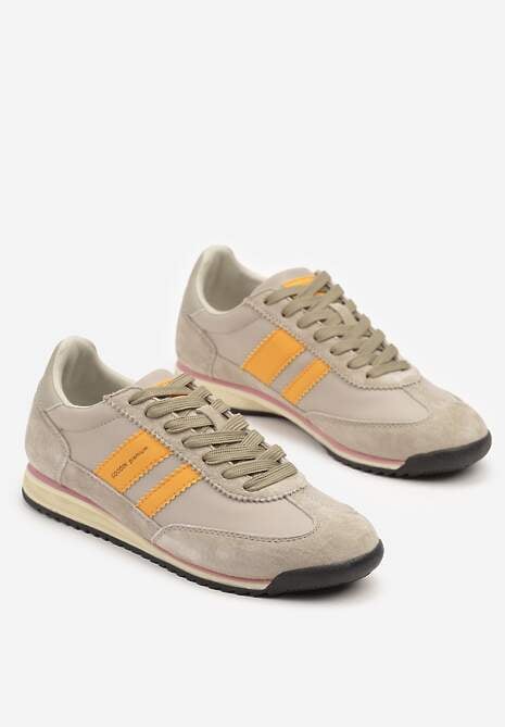 Beżowe Sneakersy ze Skórzaną Wkładką i Ozdobnymi Paskami Nasnella