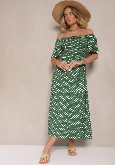 Zielona Bawełniana Sukienka o Rozkloszowanym Kroju Zdobiona Printem w Groszki Lisanovia