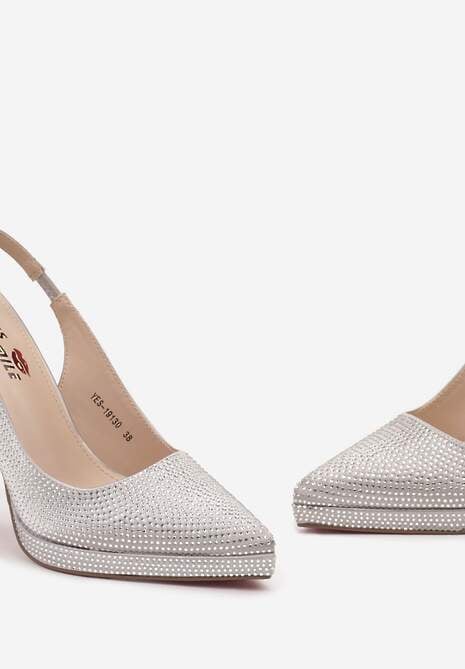 Srebrne Satynowe Sandały na Szpilce i Grubej Podeszwie z Ozdobnymi Cyrkoniami Lenaqia
