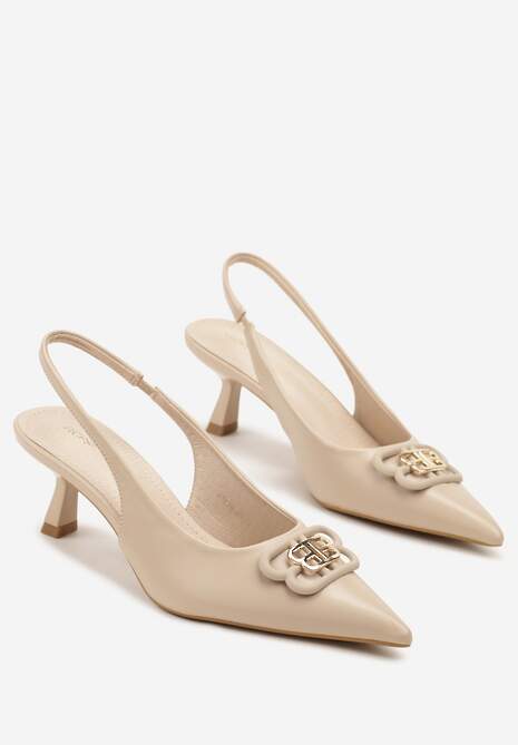 Ciemnobeżowe Czółenka Sandały Vices na Kaczuszce Typu Slingback Ozdobione Metaliczną Aplikacją Lilarunea