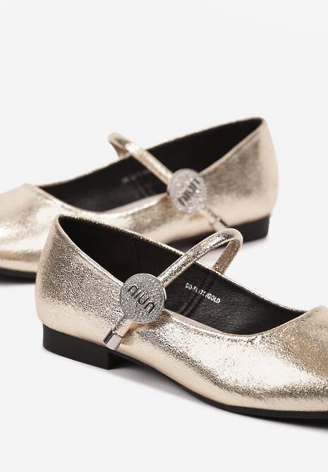 Złote Balerinki Lakierowane Mary Jane na Płaskiej Podeszwie ze Skórzaną Wkładką Vaimirae
