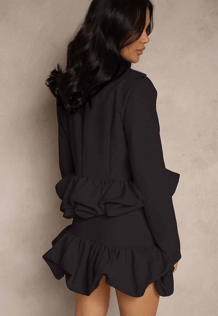 Czarny Komplet w Garniturowym Stylu z Falbanami Marynarka i Spódnico-Szorty Volene