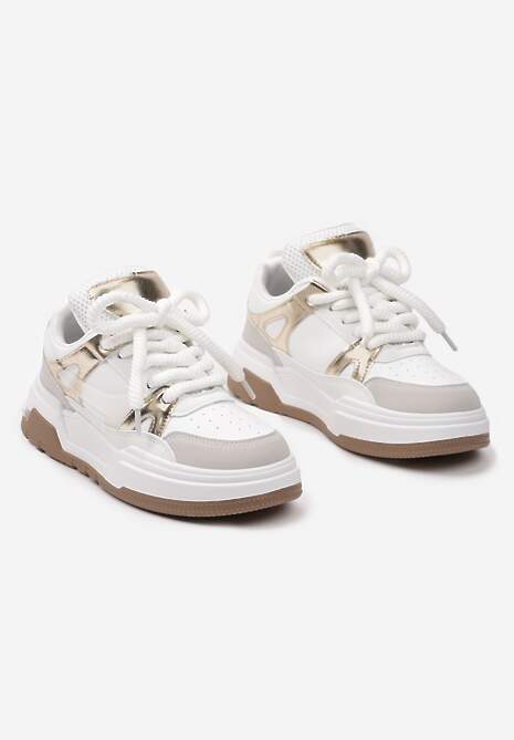 Biało-Złote Płaskie Casualowe Sneakersy ze Sznurowaniem i Transparentnym Elementem z Tyłu Gamarie