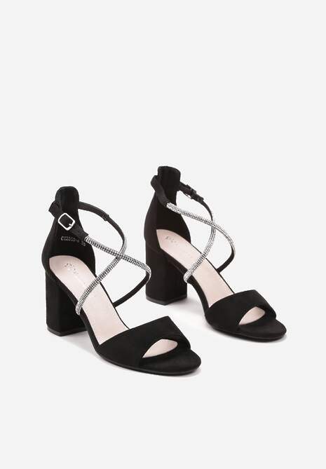 Czarne Sandały na Słupku z Cyrkoniami i Skórzaną Wkładką Dakilare