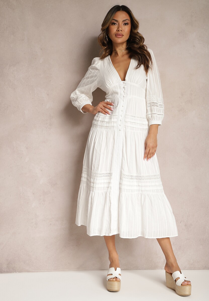 Biała Bawełniana Sukienka o Rozkloszowanym Kroju Wykończona Ażurowymi Wstawkami Perline