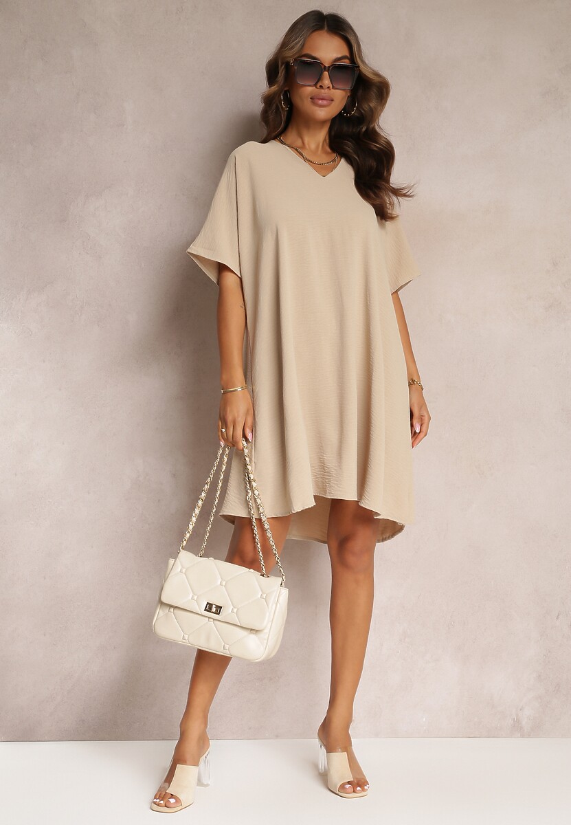 Beżowa Sukienka o Kroju Nietoperza z Ozdobnym Wiązaniem na Plecach Cylean