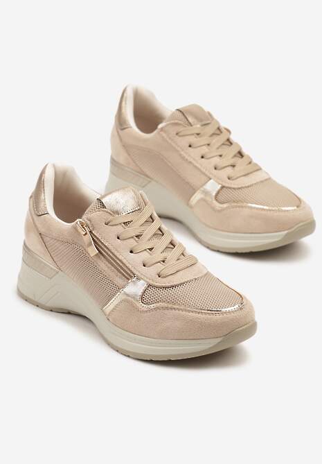 Beżowe Sneakersy na Koturnie z Wkładką ze Skóry Naturalnej Ozdobione Suwakiem Arivios