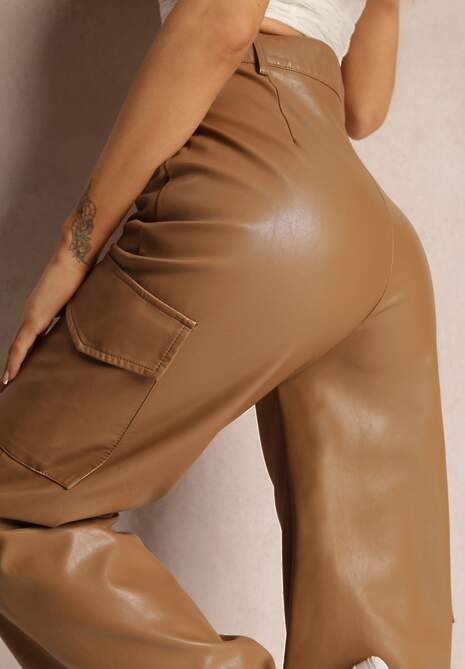 Brązowe Szerokie Spodnie z Wysokim Stanem z Imitacji Skóry Alymia