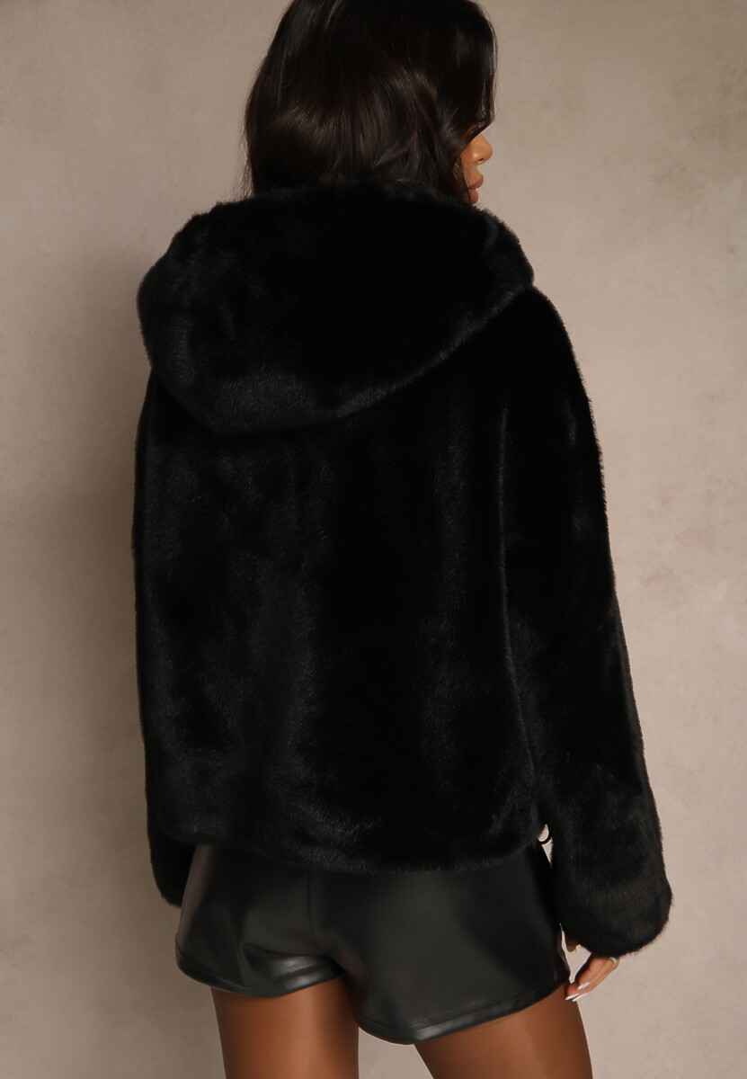 Czarna Kurtka Futerko Typu Teddy z Nieodpinanym Kapturem Lanikka