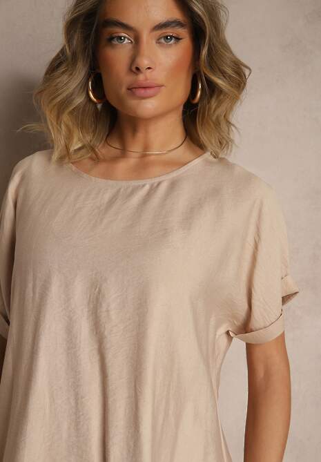 Beżowa Sukienka o Pudełkowym Kroju z Dłuższymi Bokami Redenise