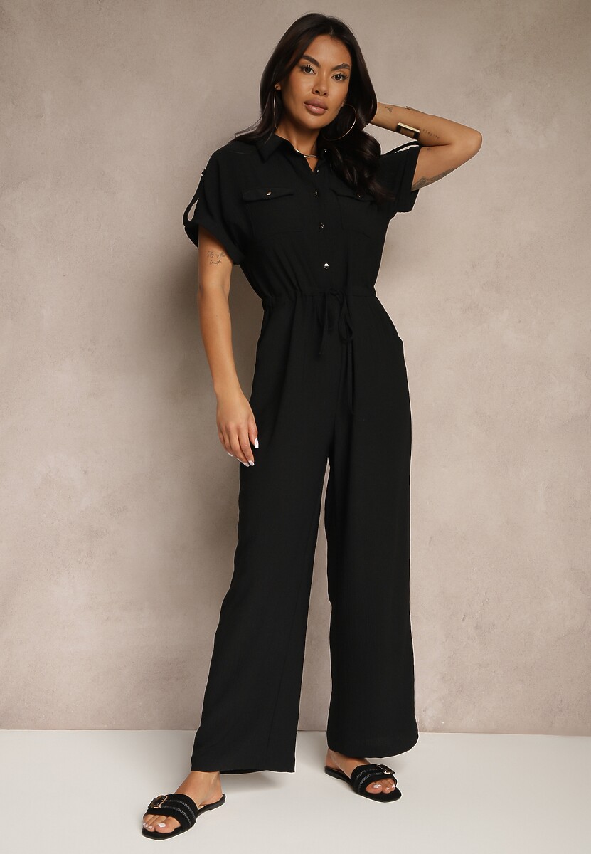 Czarny Koszulowy Kombinezon z Krótkim Rękawem Wiązany w Pasie Maraisla