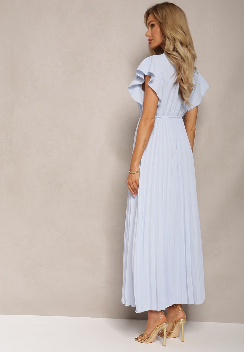 Jasnoniebieska Rozkloszowana Sukienka z Plisami Maxi z Falbankami przy Ramionach Nethula