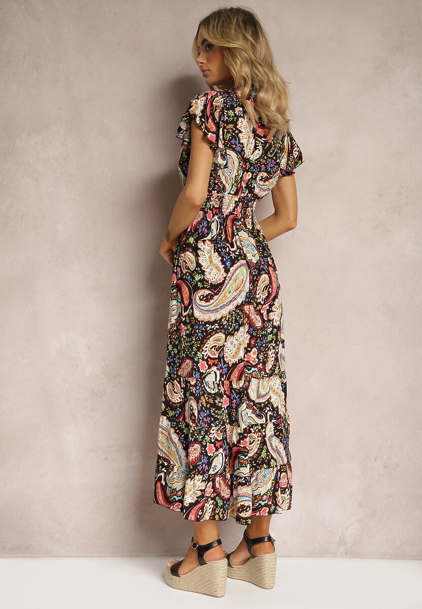 Czarna Letnia Sukienka z Bawełny z Wzorem Paisley i Elastyczną Gumką w Pasie Thetissa