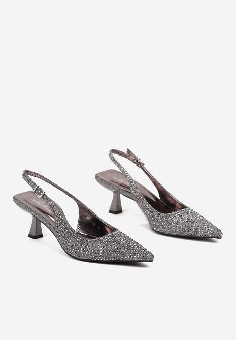 Szare Brokatowe Sandały na Obcasie Typu Kaczuszka Bez Pięty z Cyrkoniami Evelidi