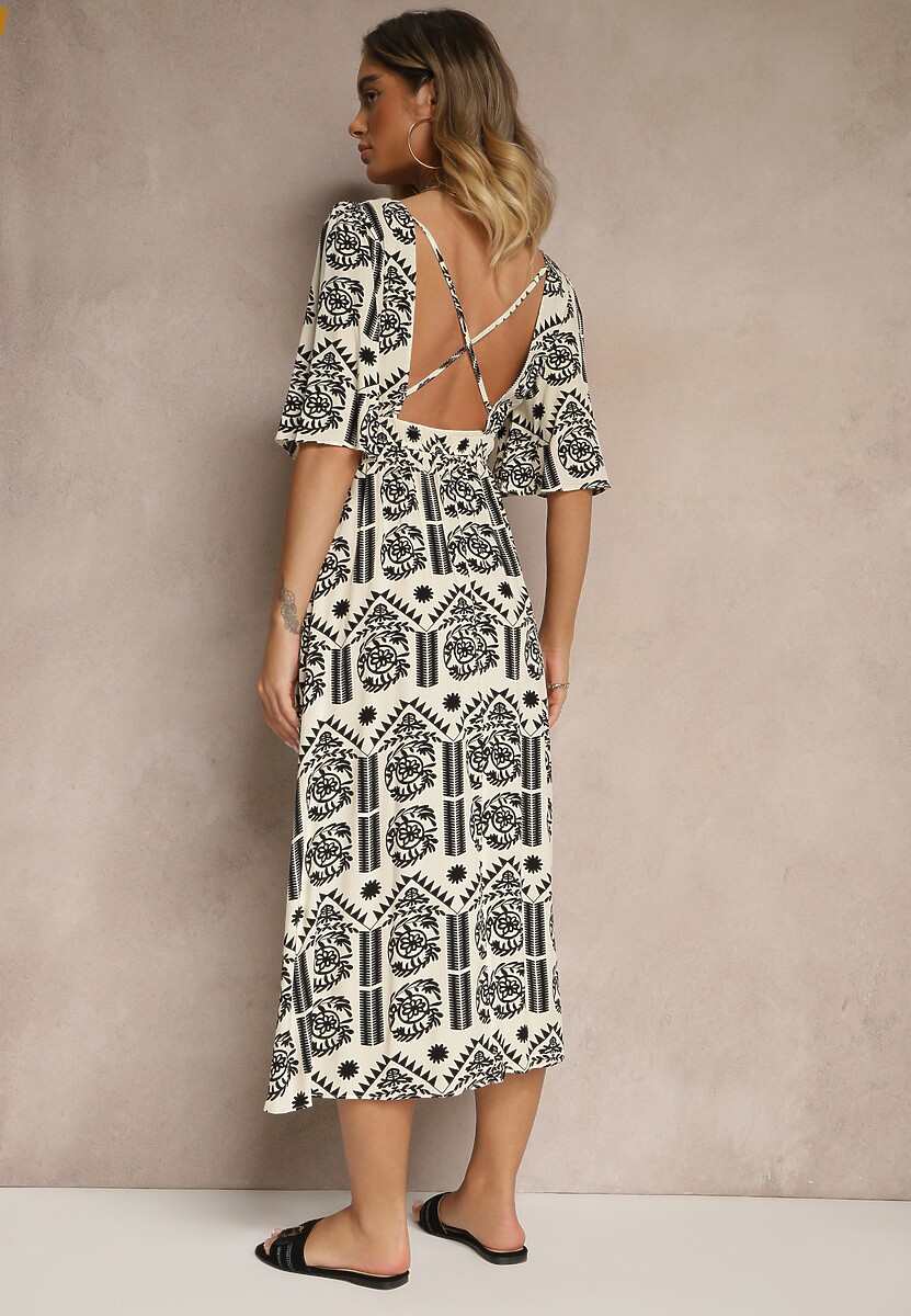 Czarno-Kremowa Sukienka Boho Rozkloszowana z Wiskozy z Odkrytymi Plecami Tuvria