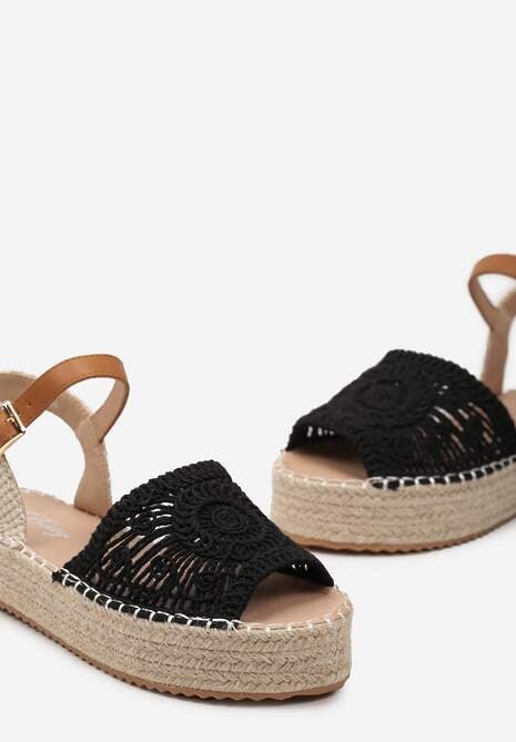 Czarne Sandały Espadryle z Plecionym Noskiem Peep Toe i Jutową Platformą Drelpa